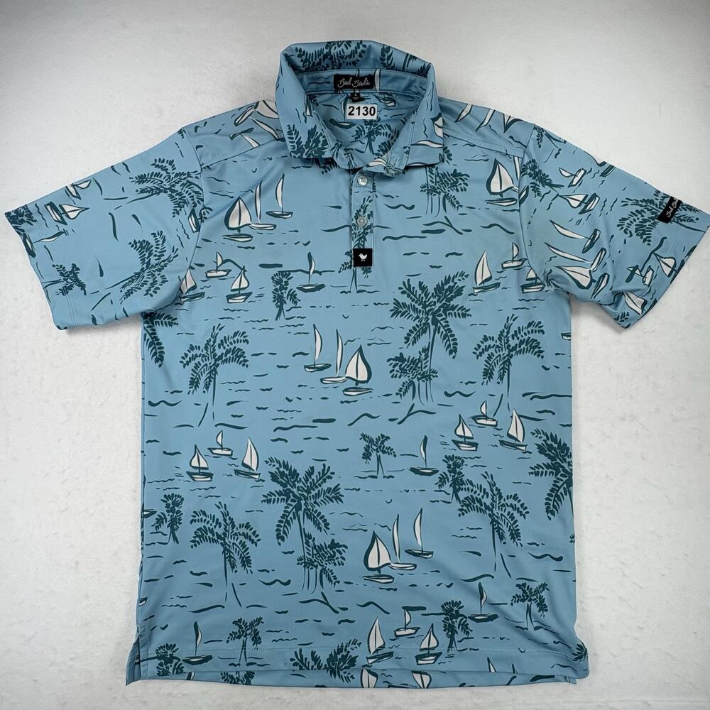 Bad Birdie Polo Shirt Mens Small Blue Sailboat Palm Golf Stretch Performance